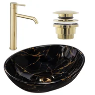 Umywalki - Rea Zestaw Sofia black marble + bateria wysoka Lungo gold + korek uniwersalny złoty - miniaturka - grafika 1