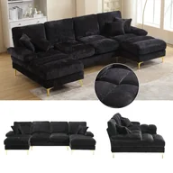 Sofy i kanapy - Sofa 4-osobowa w kształcie litery U z 2 rozkładanymi siedzeniami - 272 x 136 x 88 cm - Tkanina Chenille - Czarna - miniaturka - grafika 1