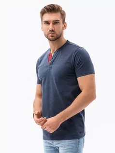 Koszulki męskie - T-shirt męski bez nadruku z guzikami - granatowy V5 S1390 - grafika 1