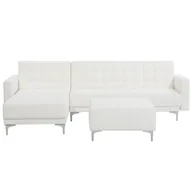 Sofy i kanapy - Beliani Sofa rozkładana skóra ekologiczna biała prawostronna z otomaną ABERDEE - miniaturka - grafika 1