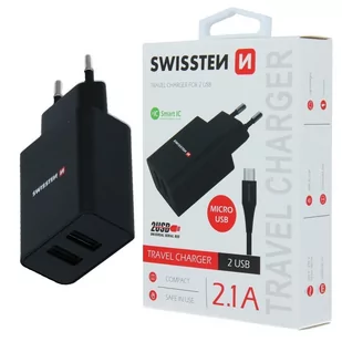 Swissten Ładowarka Z microUSB kabelem 100-240V 5V 2100mA do ładowania telefonów i innych urządzeń czarny 22052000 - Ładowarki do telefonów - miniaturka - grafika 1