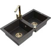 Zlewozmywaki z baterią - Mexen Mario zlewozmywak granitowy 2-komorowy z baterią kuchenną Rita, czarny nakrapiany - miniaturka - grafika 1