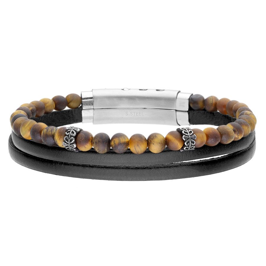 Bransoletka Męska czarne skórzane rzemienie i brązowe koraliki tygrysie oko.