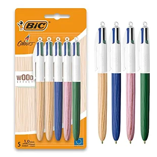 BIC 4 kolorowe długopisy z efektem drewna, wielokolorowe długopisy All in One, chowane długopisy, średnie 1,0 mm, zielony, niebieski, czerwony, czarny, 5 długopisów w opakowaniu, 1 opakowanie - Długopisy - miniaturka - grafika 1