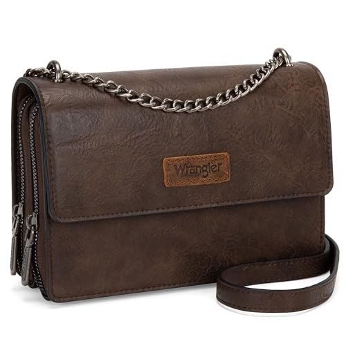 Wrangler Torebka crossbody dla kobiet zachodnia mała kopertówka portfel modna torba na ramię z łańcuszkiem pasek prezent WG149-236CF, Ciemna kawa