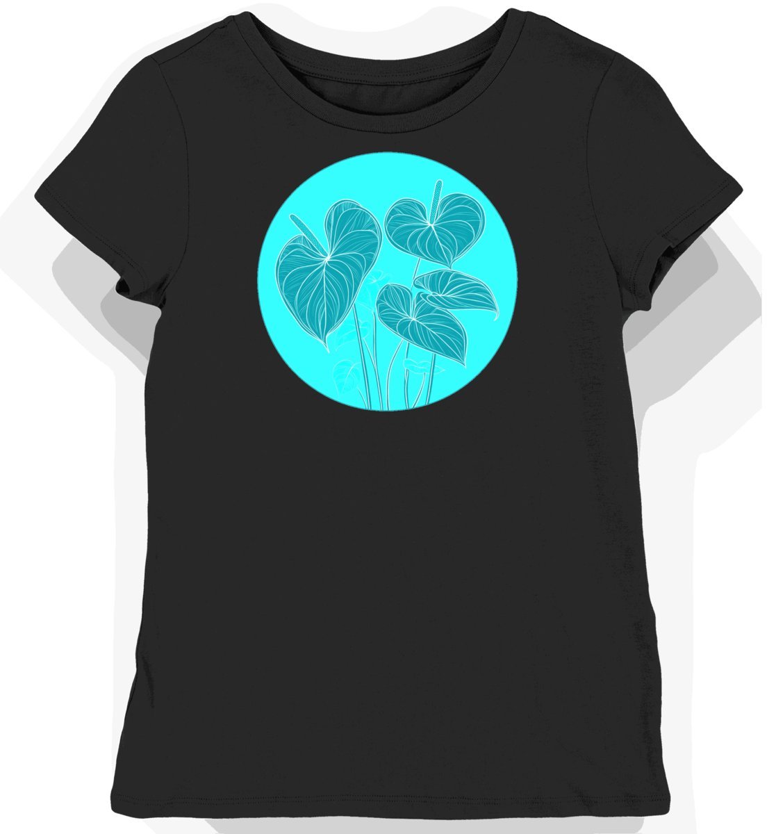 Koszulka damska czarna z nadrukiem tropikalnych kwiatów anthurium XL