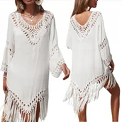 Bluzki damskie - PAREO LETNIA TUNIKA BOHO SUKIENKA PLAŻOWA FRĘDZLE ZWIEWNA NARZUTKA NA PLAŻĘ - miniaturka - grafika 1