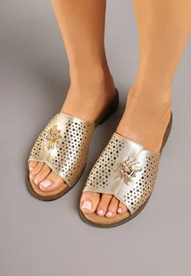 Złote Klapki z Ażurową Cholewką i Metaliczną Aplikacją z Cyrkoniami Felimirra - Klapki i japonki damskie - miniaturka - grafika 1