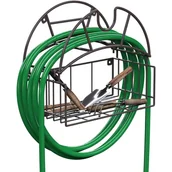 Zawiasy, okucia i inne akcesoria - Uchwyt na wąż ogrodowy, montowany na ścianie, wytrzymały metalowy stojak na wąż z koszem do przechowywania narzędzi - miniaturka - grafika 1