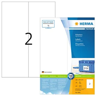 HERMA 4658 uniwersalne etykiety DIN A4, duże, zestaw 14 sztuk (105 x 297 mm, 1400 arkuszy, papier, matowy), samoprzylepne, do drukowania, trwałe naklejki adresowe, 2800 etykiet, białe - Etykiety do drukarek - miniaturka - grafika 1
