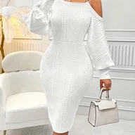 Sukienki - TEMU Sukienka z długim rękawem na cienkich ramiączkach, elegancka, jednokolorowa sukienka z odkrytymi ramionami i asymetrycznym dekoltem na wiosnę i - miniaturka - grafika 1