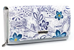 Szaro fioletowy duży portfel damski z lakierowanej skóry ekologicznej i skóry naturalnej 4U CAVALDI modny wzór kwiatów pojemny na karty dokumenty go.. - Portfele - miniaturka - grafika 1