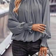 Koszule damskie - TEMU Bluzka z Eleganckimi Rękawami w Stylu Vintage dla Kobiet - Miękki Okrągły Dekolt, Długi Rękaw, Jednokolorowa na Każdą Porę Roku, Bluzka Crop Top - miniaturka - grafika 1