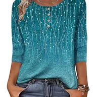 Bluzki damskie - TEMU Damska Bluzka z Krótkim Rękawem w Turkusowym Kolorze z Nadrukiem na Całości - Koszula z Guzikami i Okrągłym Dekoltem 3/4, Casualowa i Elegancka - miniaturka - grafika 1