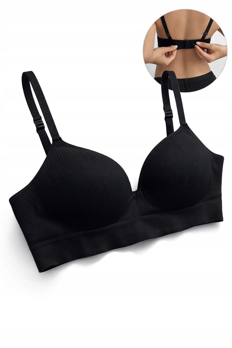 Biustonosz bez fiszbin damski push up prążkowany czarny rozmiar M/L