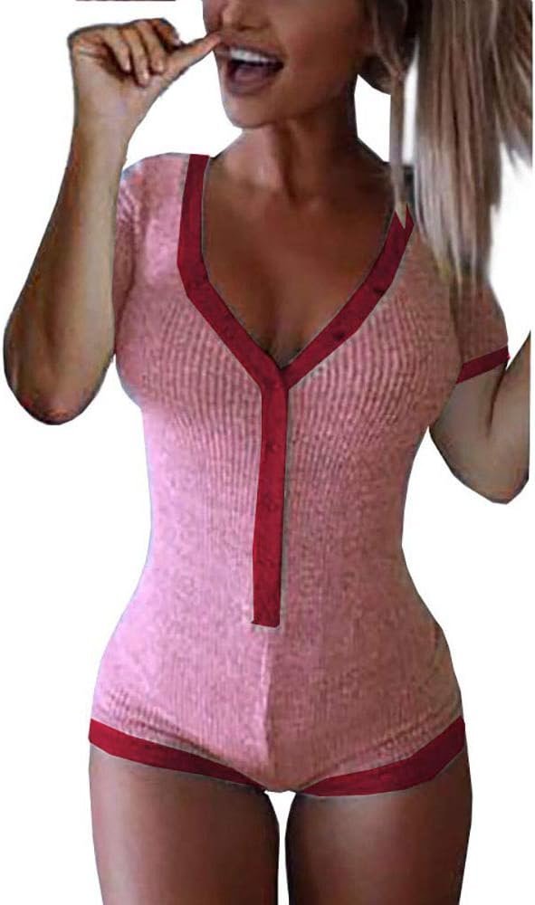 Body Damskie Krótki Rękaw Dekolt w Serek Różowo Czerwone Elastyczne L