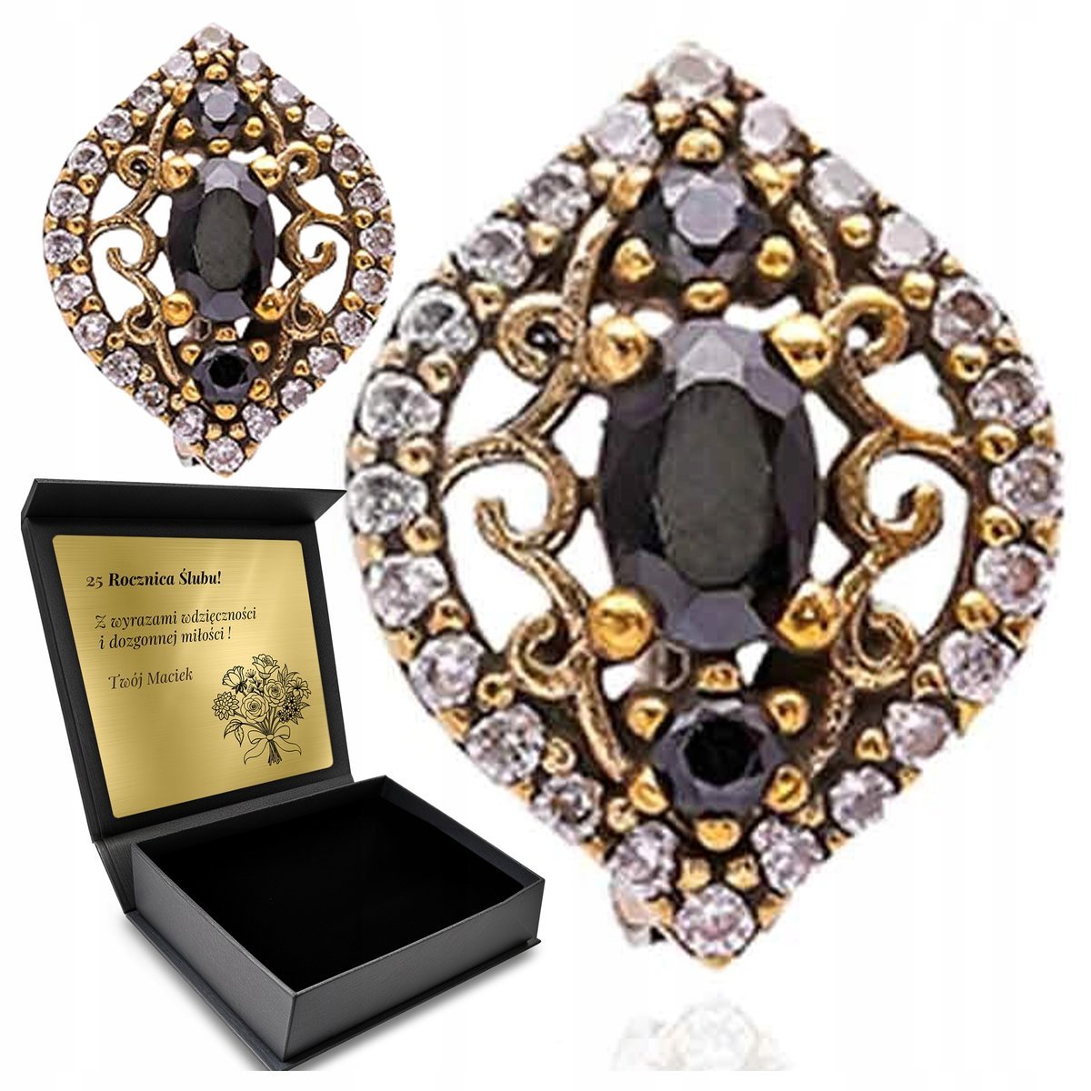 Kolczyki Srebrne 925 Cyrkonie Czarne Biżuteria Dla Kobiety + Grawer