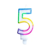 Urodziny dla dorosłych - KRASZEK Świeczka na tort "Cyfra 5" tęczowa brokatowa KRASZEK 7 cm EKSUTB-5 - miniaturka - grafika 1