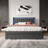 Łóżka - Łóżko tapicerowane Fortuna Lai 180x200cm z oświetleniem LED i wtyczką USB, podwójne łóżko z szufladami i stelażem listwowym, łóżko młodzieżowe funkcjonalne łóżko dla dorosłych wykonane z lnu, ciemnoszare - miniaturka - grafika 1