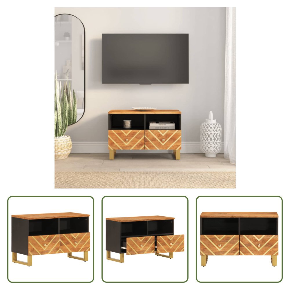 The Living Store szafka pod telewizor brązowo-czarna 70x33,5x46 cm lite drewno mango
