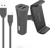 Ładowarki samochodowe - Ładowarka Muvit Car Holder Airvent Car Charger 2usb 2,4a+type C by Muvit Black - miniaturka - grafika 1