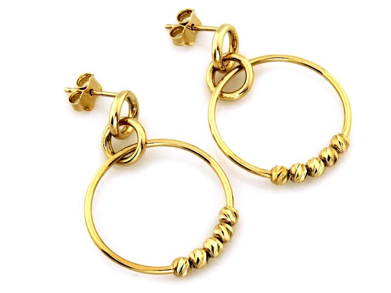 Kolczyki złote 375 wiszące kółka z kuleczkami na sztyfcie 1.88g