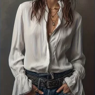Koszule damskie - TEMU Elegancka Damska Koszula Vintage z Falbankami i Dzwonkowymi Rękawami na Zamek ZLLZ - miniaturka - grafika 1