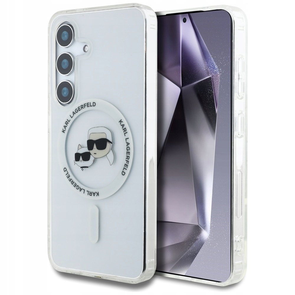 Karl Lagerfeld Etui Button Karl&Choupette Heads do MagSafe do Galaxy S25 Plus, półprzezroczyste z białym