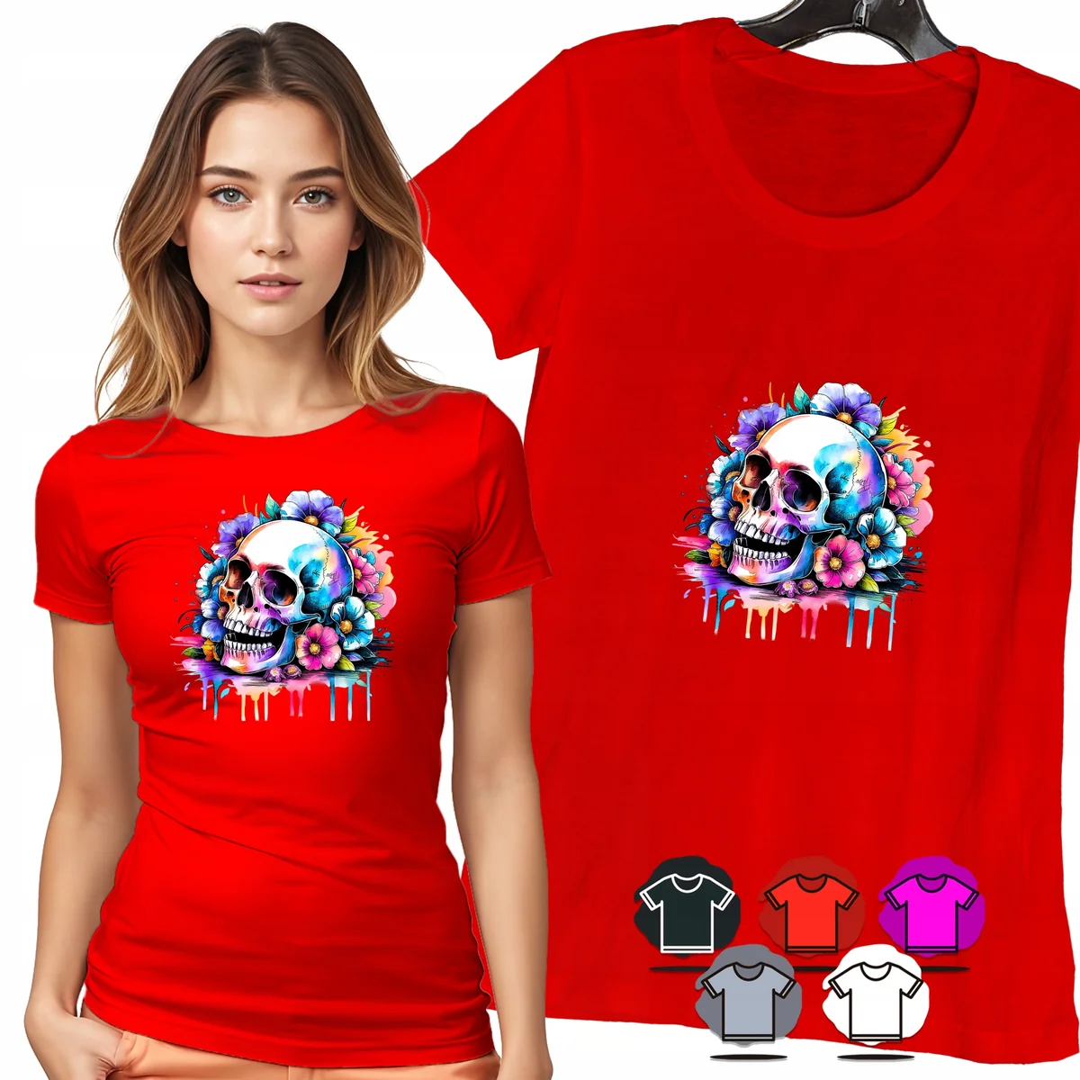 KOSZULKA DAMSKA T-SHIRT - CZASZKA KWIATY KOLOROWY PORTRET DAMSKI WZÓR - XXL