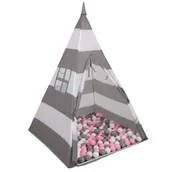 Namioty i tipi dla dzieci - Selonis Namiot tipi NT-200X z piłeczkami 6cm szaro-białe pasy: biały-szary-pudrowy róż 43x43x36/100piłek - miniaturka - grafika 1