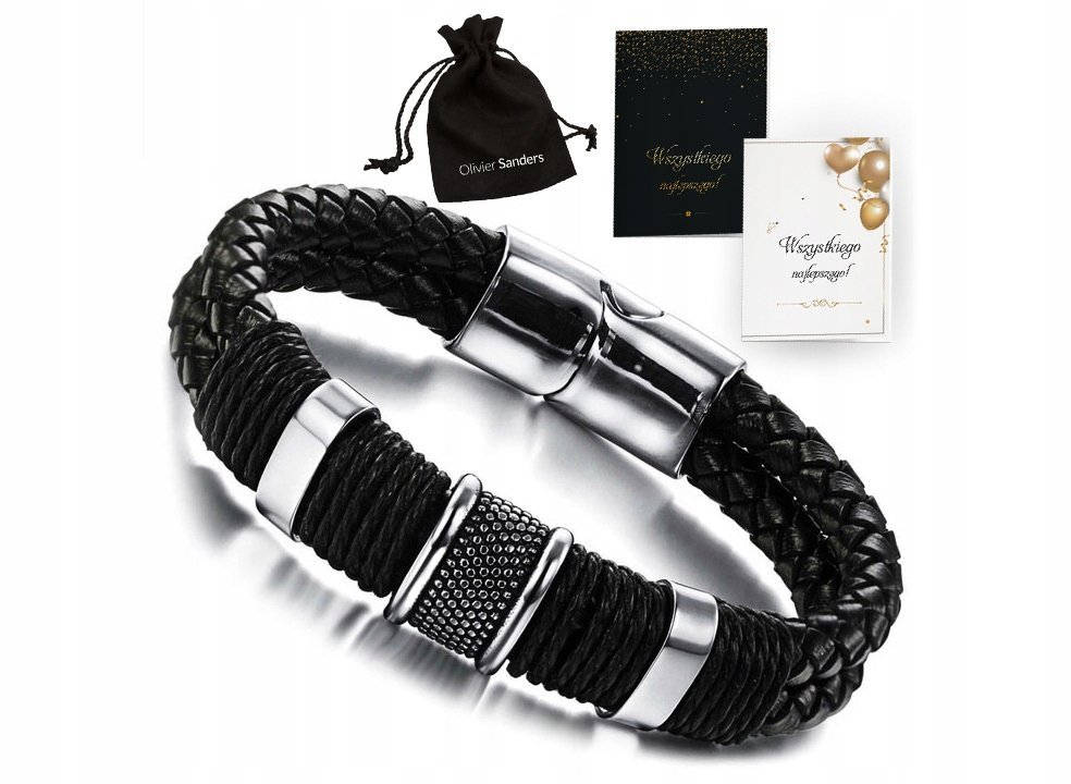 Skórzana Bransoletka Męska Czarna Skóra Srebrna Grawer
