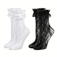 Skarpetki kolarskie - TEMU Zestaw 2 Par Damskich Skarpetek z Falbankami i Kokardkami - Oddychające Poliestrowe Skarpety na Wiosnę/ w Kolorze Białym & Czarnym, Rękoma - miniaturka - grafika 1