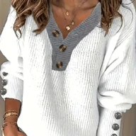 Swetry damskie - TEMU Sweter damski z dekoltem w serek i detalem na guziki - kolorowy design, swobodny krój, miękka tkanina do codziennego noszenia, średnioelastyczna - miniaturka - grafika 1