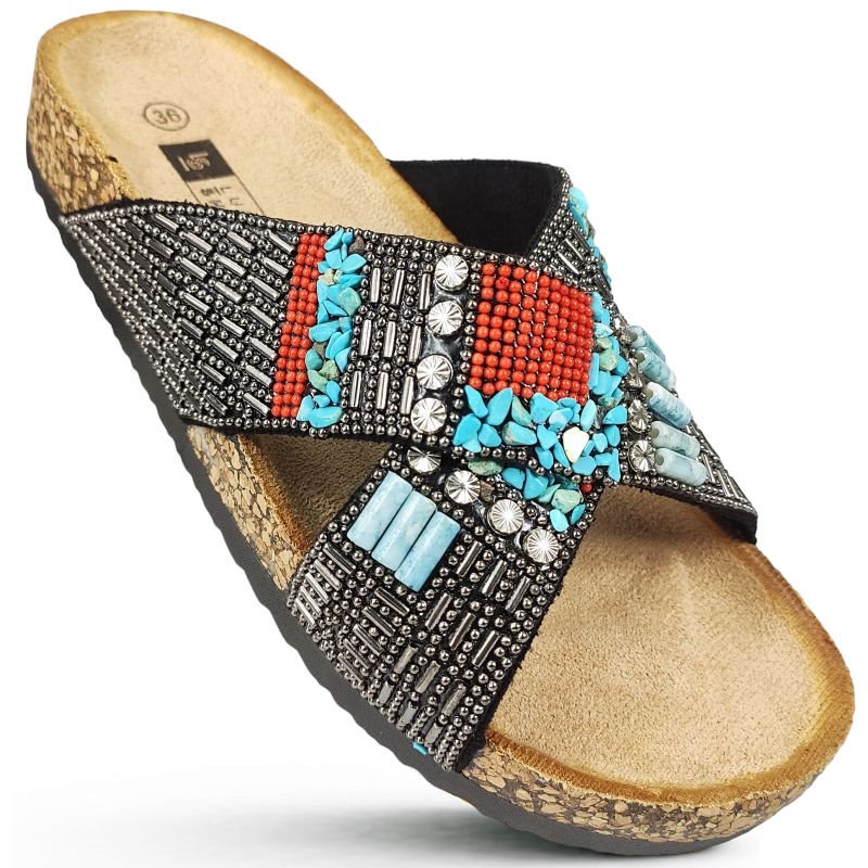 Klapki Damskie Z Koralikami Bini Czarne Eleganckie Wygodne Lekkie Na Lato Otwarte Zdobione Z Ozdobami Modne Stylowe Na Plażę Z Kryształkami Letnie 37