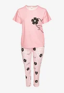 Piżamy damskie - Różowy Komplet Piżamowy z Motywem Kwiatowym Spodnie i T-shirt Milossa - Born2be - miniaturka - grafika 1