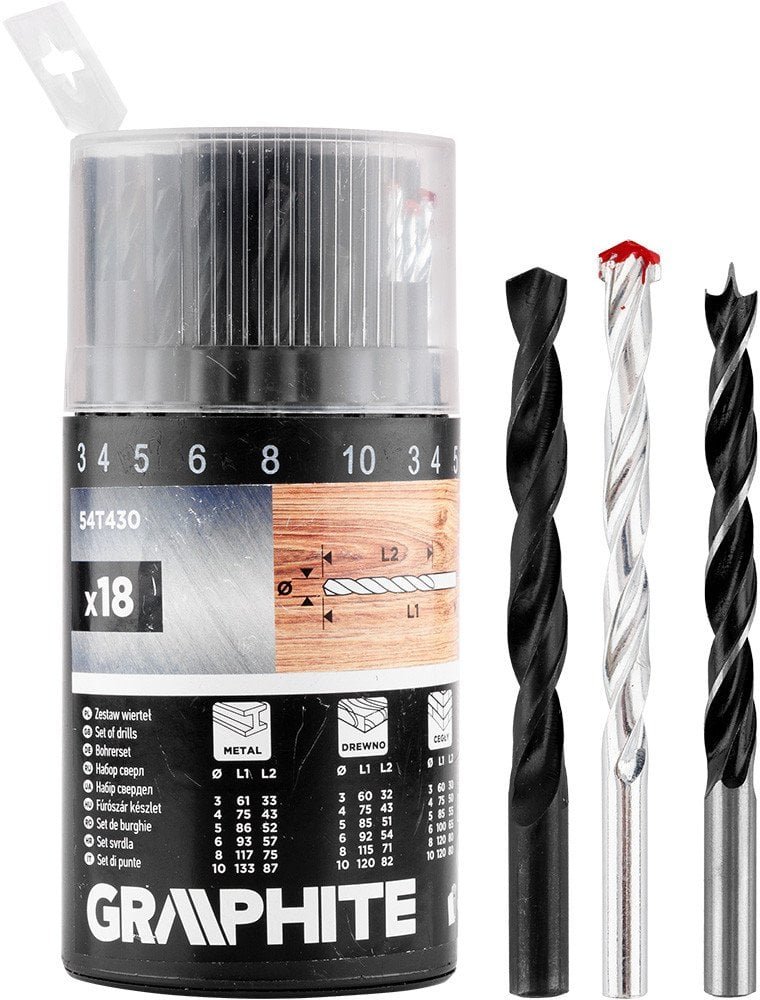 Graphite Zestaw  wierteł do metalu, drewna, cegły: 3, 4, 5, 6, 8, 10 mm, 18 szt.