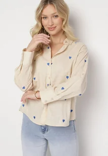 Beżowa Koszula z Bawełny Ozdobiona Sercami Aslotis - Koszule damskie - miniaturka - grafika 1