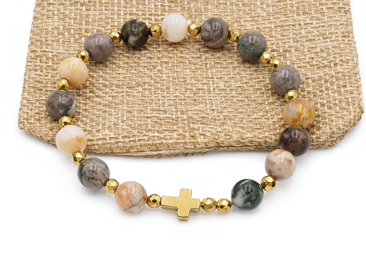 Bransoletka różaniec na rękę agat bambusowy rękodzieło na prezent