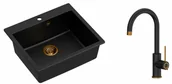 Zlewozmywaki z baterią - Quadron Zlewozmywak granitowy jednokomorowy 57*50*22 cm MORGAN 110 PURE CARBON czarny z miedzianym odpływem z baterią JODIE Q LINE SLIM PURE CARBON kolor czarny mat/wykończenie miedź - miniaturka - grafika 1