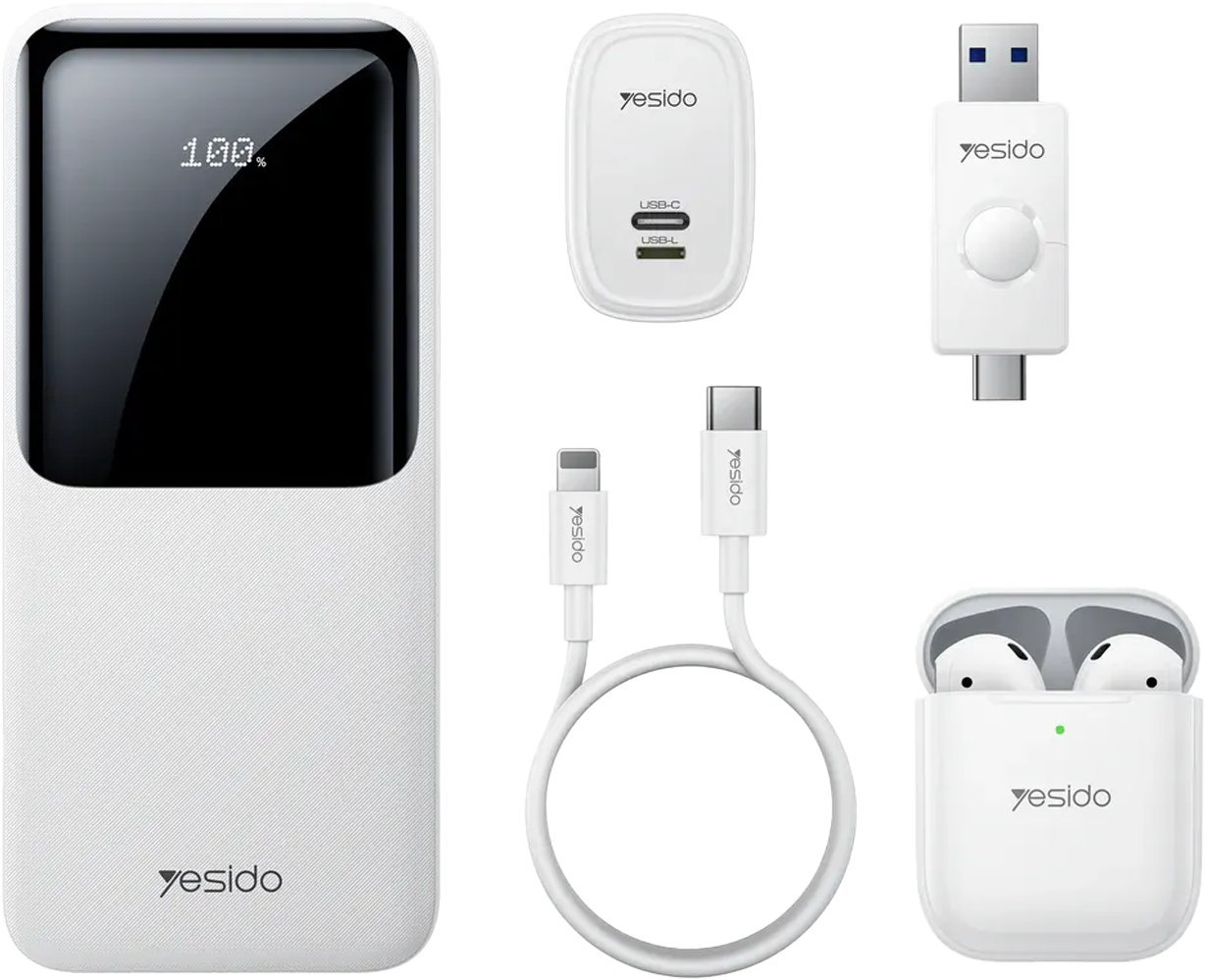 Yesido Powerbank CG10 EU 10 000 mAh LED Zestaw Prezentowy 5w1. WHITE / BIAŁY