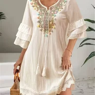 Sukienki - TEMU Elegancka Sukienka z Dekoltem w Serek i Kolorowymi Haftowanymi Detalami z Koralików, Rękawami z Chwostem oraz Dołkami na Końcu - 100% Poliester, - miniaturka - grafika 1