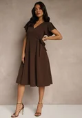 Sukienki - Brązowa Kopertowa Sukienka z Rozkloszowanym Dołem i Ozdobnym Wiązaniem Dannola - miniaturka - grafika 1