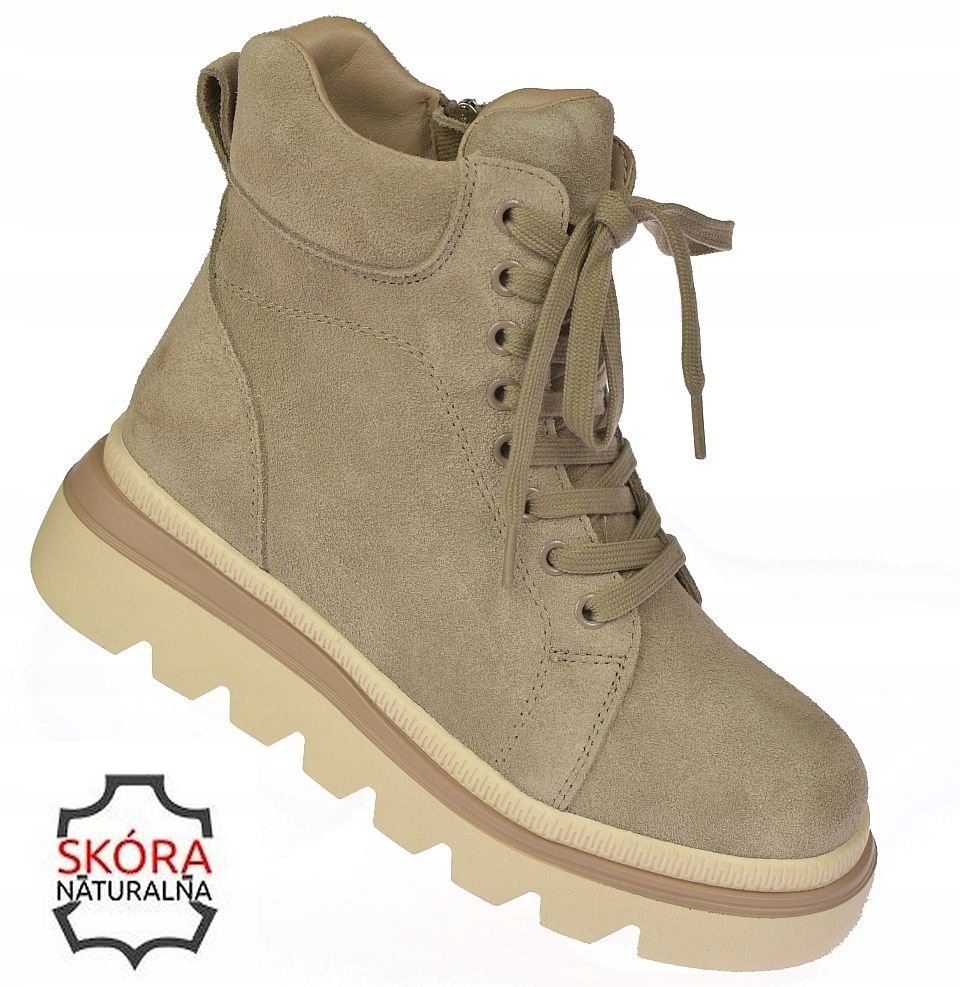 Śniegowce damskie skórzane botki ocieplane creepersy B-3-1379 camel roz. 40