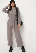 Kombinezony - Szary Kombinezon z Gumką i Wiązaniem w Talii z Szerokimi Nogawkami Creza - miniaturka - grafika 1