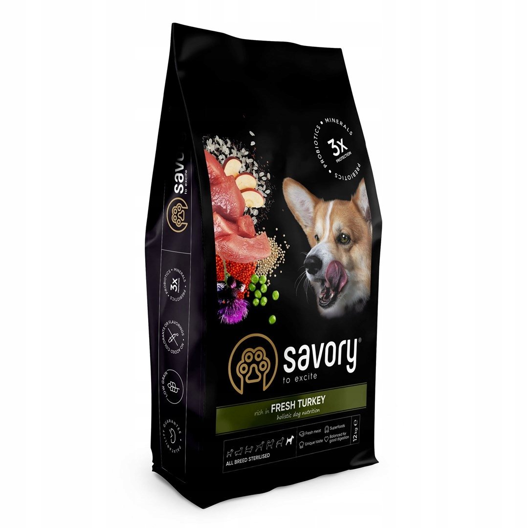 SAVORY KARMA SUCHA Z INDYKIEM DLA STERYLIZOWANYCH PSÓW DOROSŁYCH WSZYSTKICH RAS 12 KG