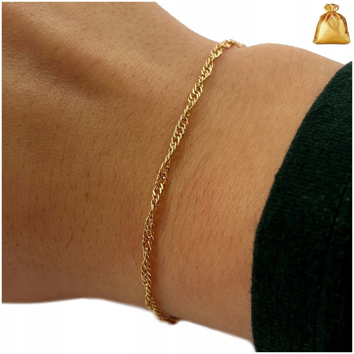 Piękna Złota Bransoletka Damska Na Rękę Singapur Stal Chirurgiczna 18,4 Cm