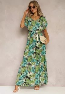 Zielono-Czarna Maxi Sukienka z Wiskozy w Kwiatowy Print ze Sznurkiem w Talii Anukka - Sukienki - miniaturka - grafika 1