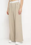 Spodnie damskie - Beżowe Wiskozowe Spodnie Palazzo z Wysokim Stanem Zapinane na Zamek Błyskawiczny Fomilia - miniaturka - grafika 1