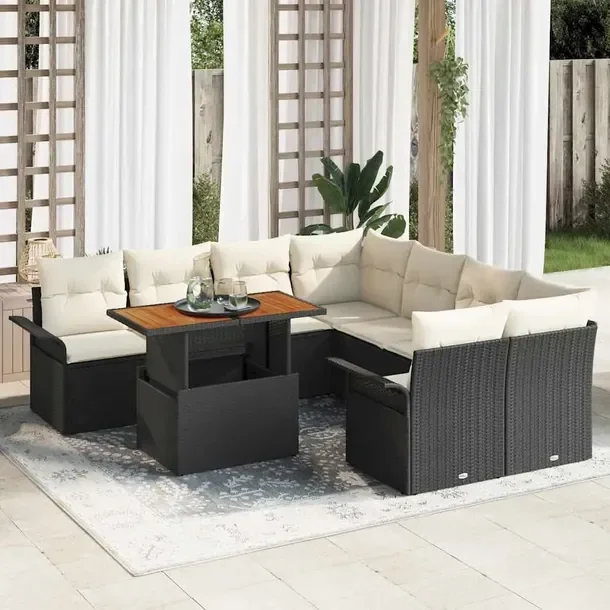 Zestaw Sofa Ogrodowa Modularna Czarno-Biała, z Poduszkami i Stołem