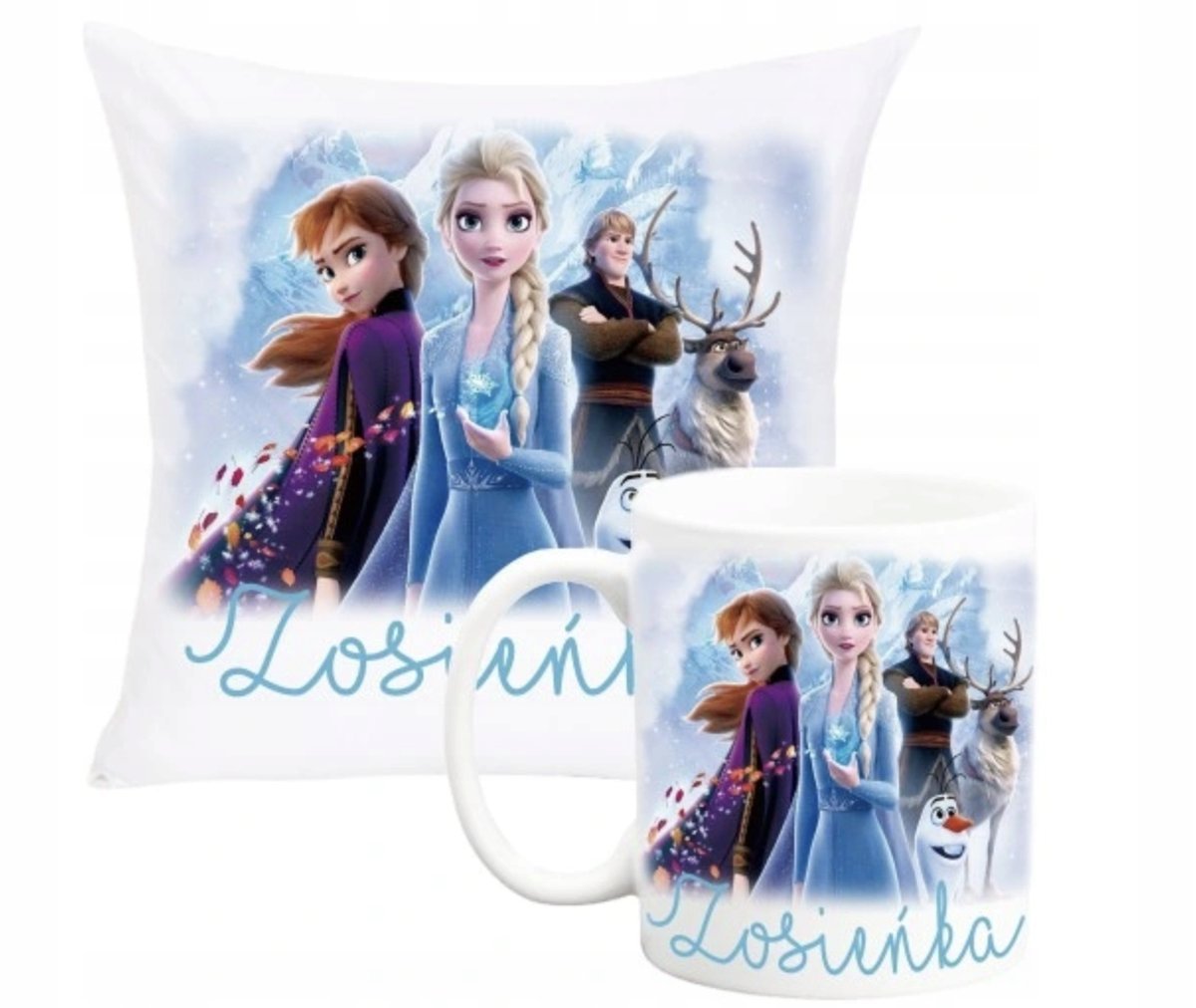 ZESTAW PODUSZKA + KUBEK Prezent ELSA KRAINA LODU FROZEN + IMIĘ 42